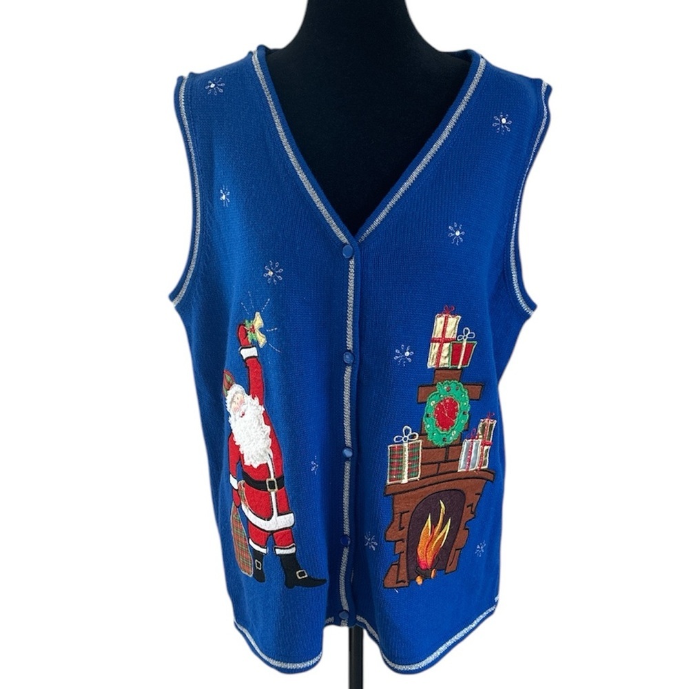Vintage Royal Blue Christmas Santa and Gifts Festivities Embroidered 
 Vest 0088
